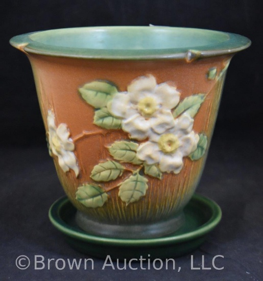 Roseville White Rose 654-5" flower pot/saucer, brown/green