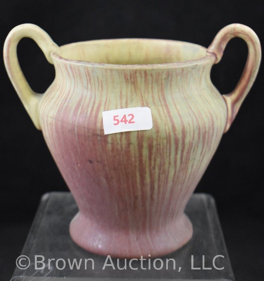 Mrkd. Weller 5.5" double handled vase, yellow/green/maroon glaze