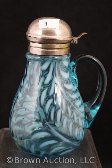 Blue opalescent 6" syrup pitcher, Fern pattern