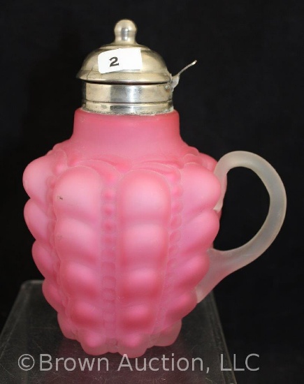 Raspberry satin 7" syrup pitcher, Gutatte pattern