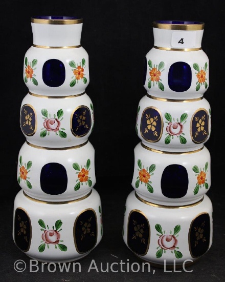 Pr. Bohemian Czech glass cobalt and white overlay 9" enamel vases