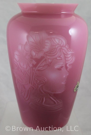 Fenton Sculptured rose quartz 9" Cameo vase (Connoisseur Collection)