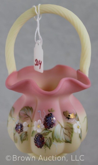 Fenton Burmese satin 7"h basket, great decoration of berries and butterfly