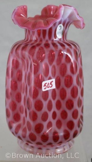 Fenton Coin Dot Cranberry opalescent 8.25" vase w/pinched sides