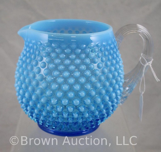 Fenton Hobnail blue opalescent 5" pitcher w/clear applied handle