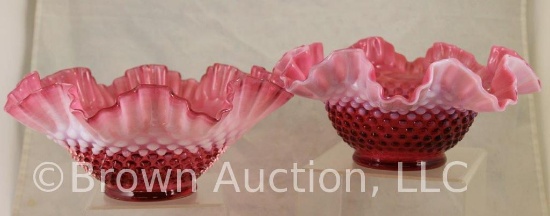 (2) Fenton Hobnail cranberry opalescent bride's baskets, 4.25"h x 10"d