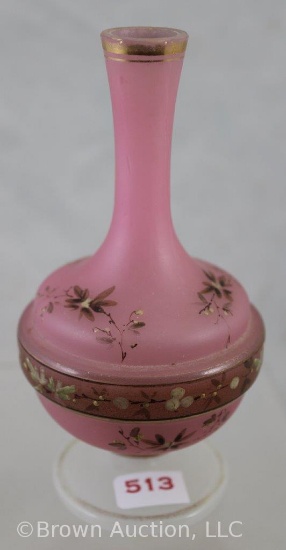 Art Glass 5.5" dainty bud vase, decorated floral on pink gound/white opalescent pedestal base