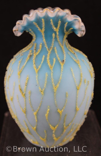 Art Glass blue satin Coralene 5.5" vase