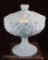 Fenton blue milk glass satin Water Lily lidded compote, 7.5