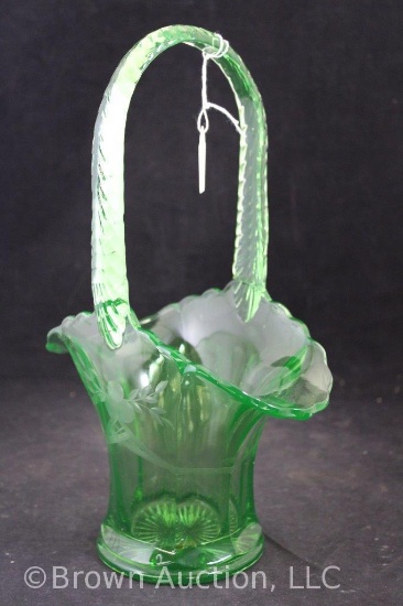 Green depression glass basket w/etched design and braided handle, 12" tall