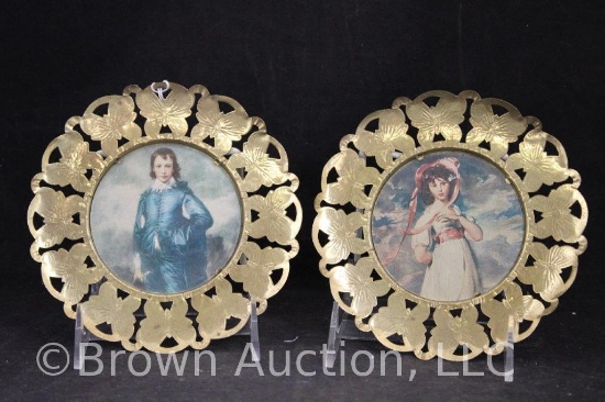 Pinkie and Boy in Blue prints in round gold metal butterfly frames, 6"d