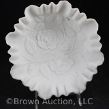 Roses adorn this Imperial Milk Glass crimped bowl, 3.25