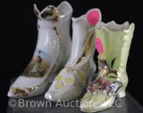 (3) Victorian decorated porcelain high top shoes, floral and the larger 1 features The Angelus