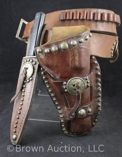 H.H. Heiser leather gun holster, ammo belt, knife holster and Sheffield knife
