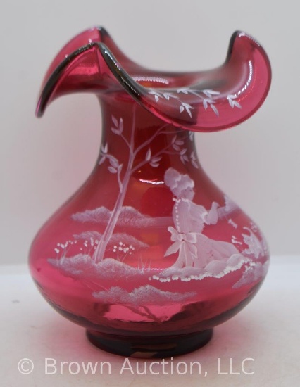 Fenton Mary Gregory 6.5" vase, cranberry