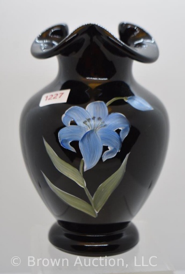 Black Fenton 6.5"h vase w/handpainted blue floral design