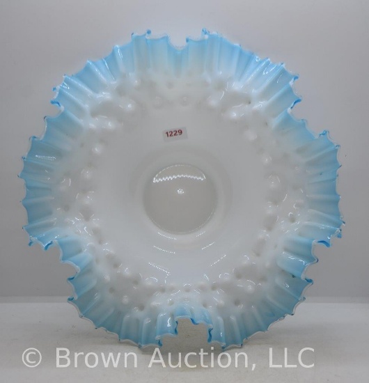 Fenton Hobnail 11"d bride's bowl, milk glass w/blue ruffled rim