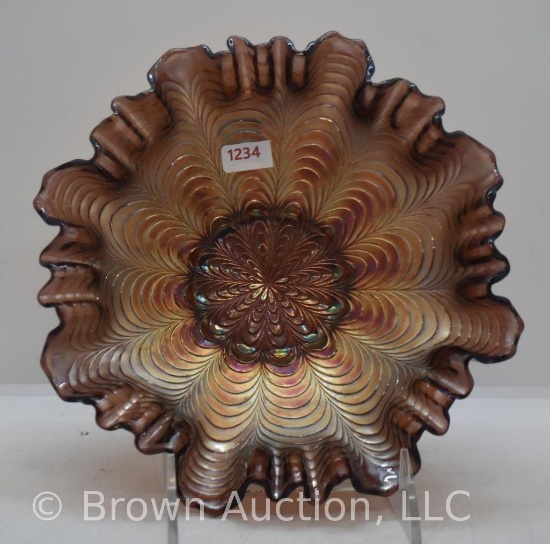 Carnival Glass Peacock Tail 8"d bowl, amy.