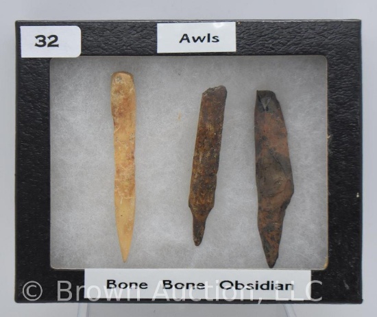 (3) Native American awls - (2) bone and (1) Mahogany Obsidian