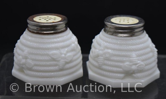 White Cased Glass salt and pepper set, beehive and bees