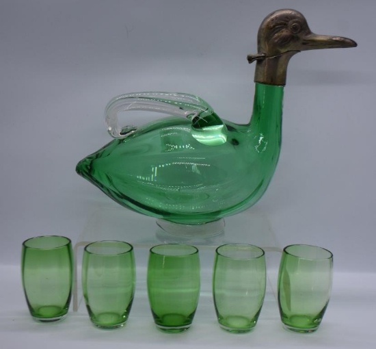 Mrkd. Czechoslovakia green crystal handled duck decanter w/metal head and (5) 2.25"h liquer glasses
