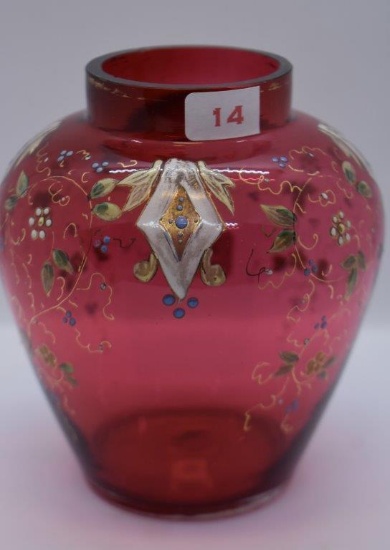 Cranberry 5" vase w/enameled decorations