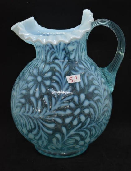 Blue opalescent Daisy and Fern 9.5"h pitcher