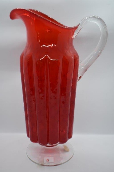 Italian pigeon blood 12"h pitcher w/clear handle and base
