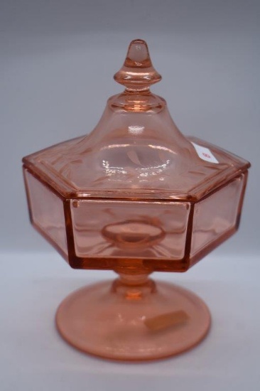 Pink 6-sided 7"h cov. compote w/etched lid
