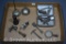 Box lot assortment of CI items incl. miniature tools, screw jack, etc.