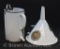 (2) Jones Hospital Surgical Ware porcelain items: irrigator and funnel, paper label