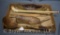 Box lot assortment of primitive wood items incl. child's bark toy canoe, large ladle, sling shot,