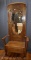 Oak hall tree w/lift top bench large oval beveled mirror, 6'4