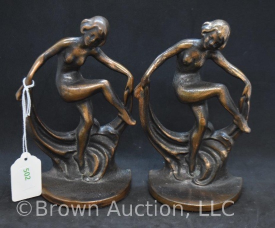 Pr. Art Deco bronze figural nudes bookends, scarf dancers 6.5" tall