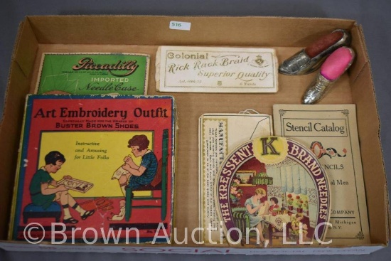 Assortment of sewing items incl. Art Embroidery Outfit (Buster Brown Shoe Co., original box(,