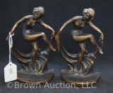 Pr. Art Deco bronze figural nudes bookends, scarf dancers 6.5