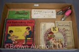 Assortment of sewing items incl. Art Embroidery Outfit (Buster Brown Shoe Co., original box(,