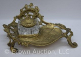 Art Nouveau brass and crystal inkwell