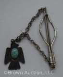 Fred Harvey tie clasp made by Navajo Indian - silver and turquoise, 1940's