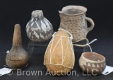 Assortment of (5) Native American Indian small pots, etc. + handcarved gourd