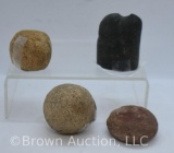(4) Native American Indian artifacts incl. ball, 2-hammer stone tool incl. 