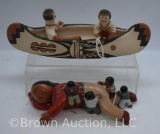 Zia Pueblo Pottery canoe w/2 people by Irene Herrera; Sleeping storyteller (cracked leg but still