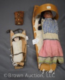 (2) Indian dolls in cradle (1-baby, Apache); Indian baby in papoose