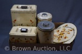 (4) Hall's Jewel Tea Autumn Leaf canisters and (2) hotpad trivets