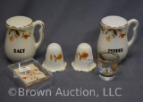 (2) Hall's Jewel Tea Autumn Leaf salt and pepper sets; playing cards and shot glass