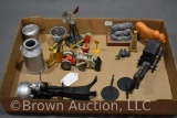 Box lot assortment of toy replicas incl. windmill, cream can and buckets, tractor, animals etc.