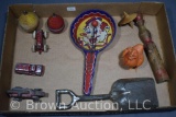 Box lot assortment of old toys - wooden tops, tin clown rattler, etc.