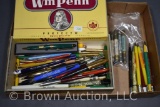 Box lot assortment of advertising pens, mechanical and bullet pencils