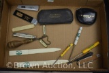 Box lot assortment of advertising items incl. knives, eye glass case, coin purse, screwdriverr, etc.