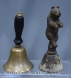(2) Bells, 1 w/carved bear handle and 1 w/wooden handle, 6
